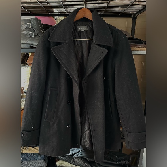 Merino Wool Blend Black Peacoat - Picture 1 of 7